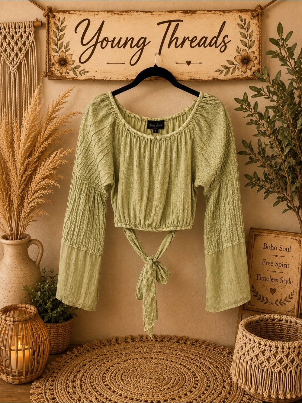 Young Threads Sage Green Tie-Front /Back Crop Top